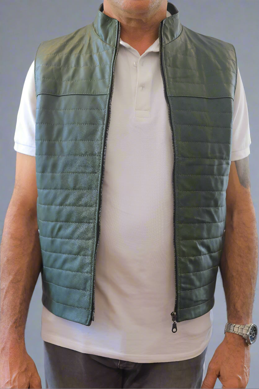 Olive Green Quilted Leather Vest – Stylish & Rugged for Everyday Wear